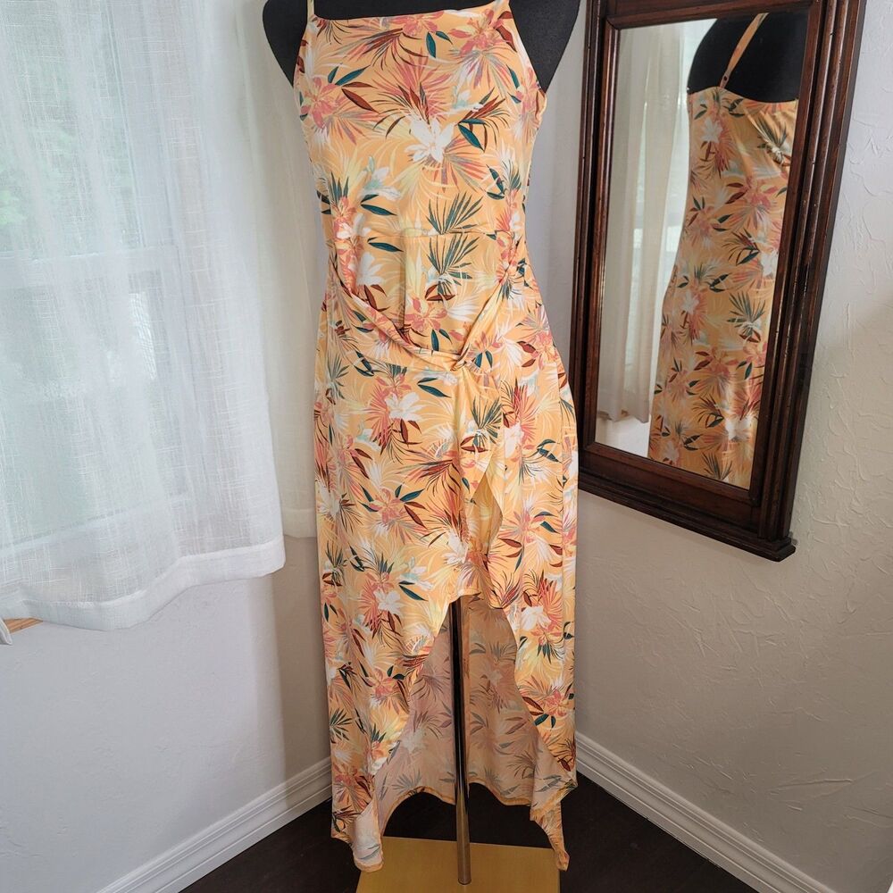 Derek Heart Floral Maxi Dress XL Layered Overlay Tie Front Tropical Print